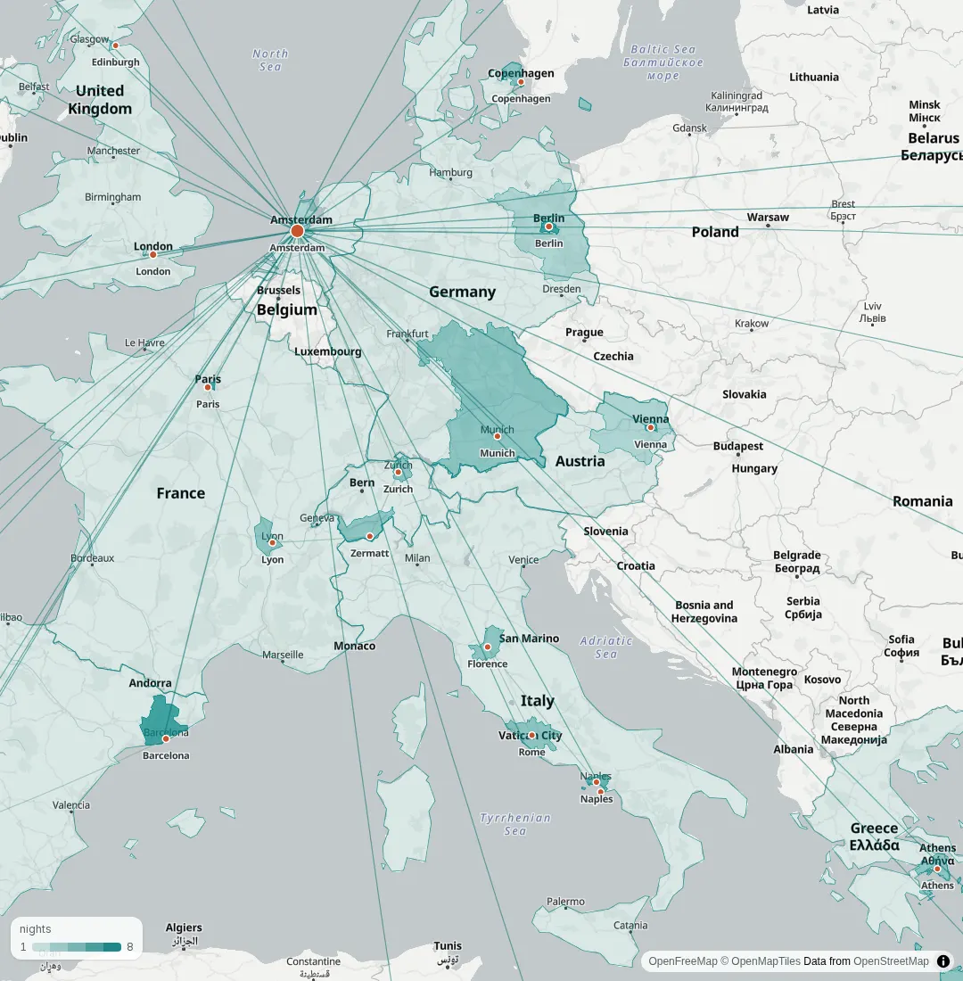 A zoomed-in map with visited states and provinces shaded by nights