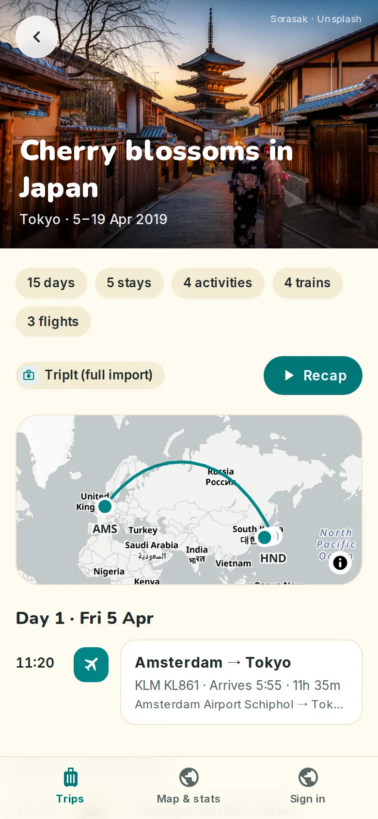 A phone showing one trip's overview with its first days