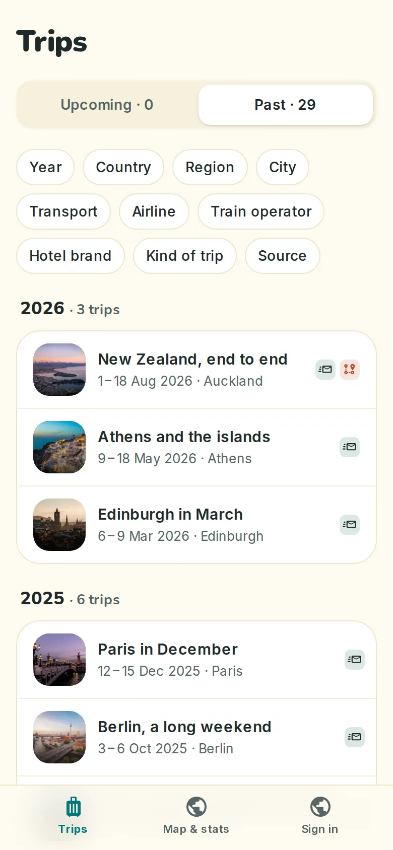 A phone showing a list of past trips with cover photos